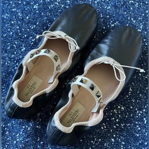 Valentino Black Leather Rockstud Bow Scrunch Ballet Flats Size 37.5